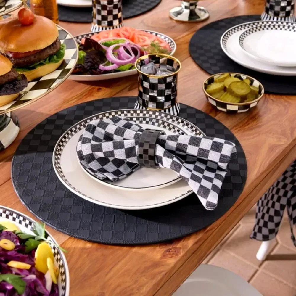 NEW Mackenzie-Childs Black Check Glass Napkin Rings, Set of 4